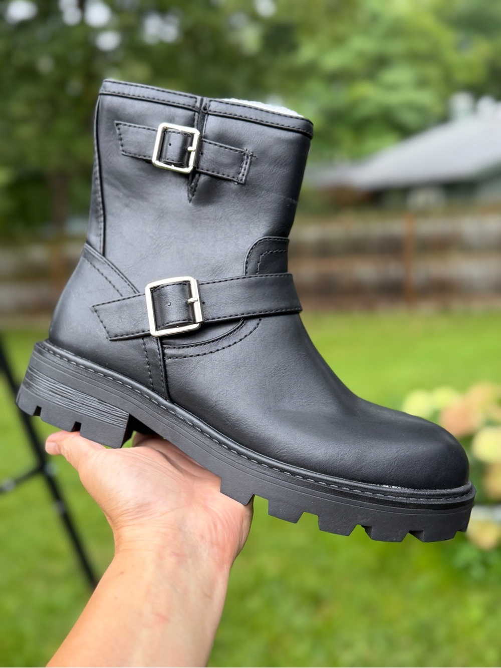 Madden Girl Fareway Black Paris Buckle Moto Boots Lug Sole Ankle Womens Size 8.5